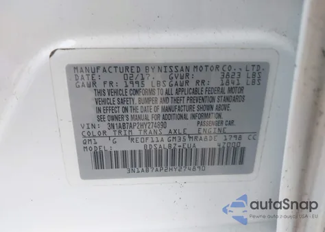 2017 Nissan Sentra S from USA, damaged, VIN 3N1AB7AP2HY274890